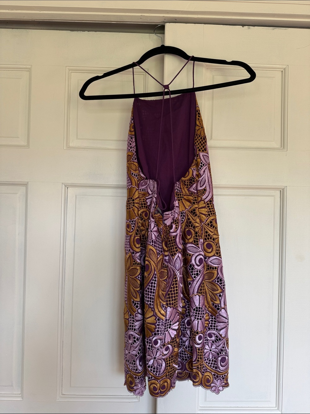 Anthropologie Purple and Mustard Embroidered Lace Halter Dress - Picture 8 of 9